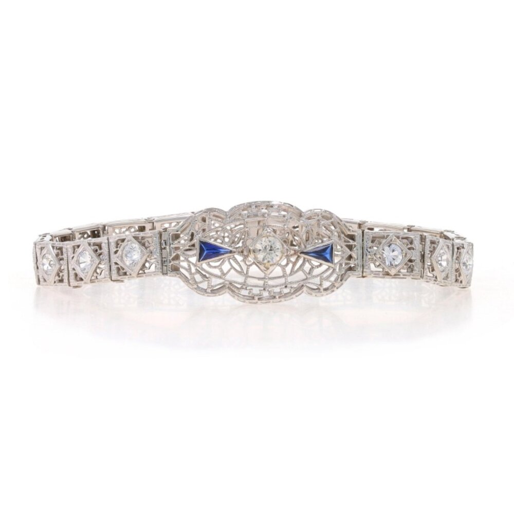 White Gold Quartz & Lab-Created Sapphire Art Deco Link Bracelet 7" - 14k Vintage